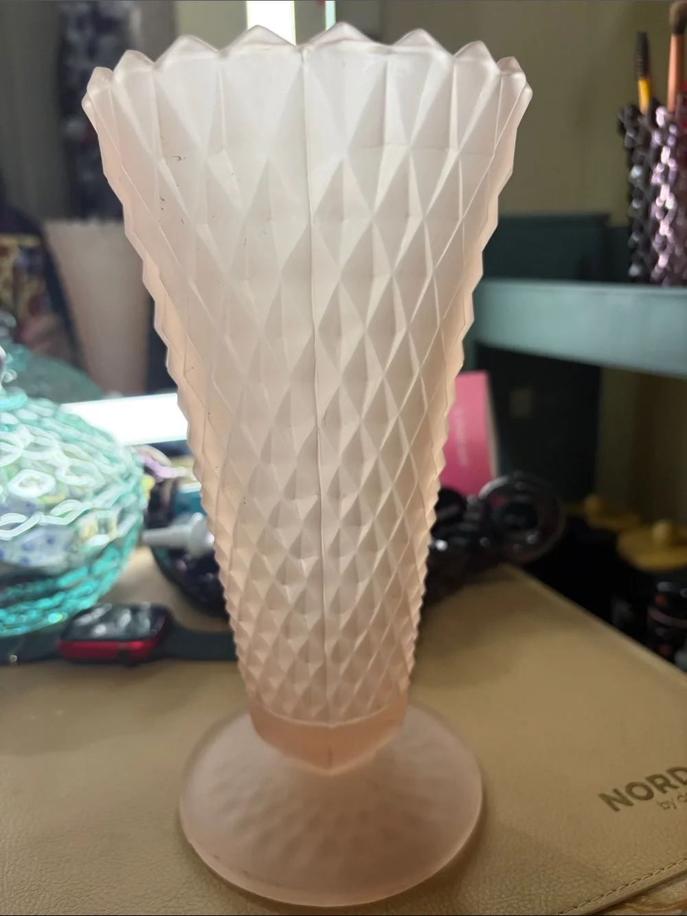 Vintage Indiana Glass Pink Frosted Satin Diamond Point Fluted Footed Vase.